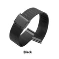 Silk woven stainless steel watch band with butterfly clasp in silver, black, rose gold, or gold finish.