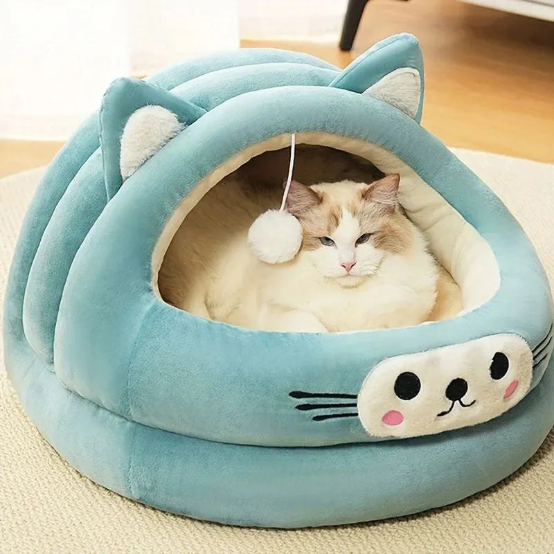 Semi-enclosed cat bed with cat ear design, thickened warm pet nest in brown, green, or yellow, sizes L M S