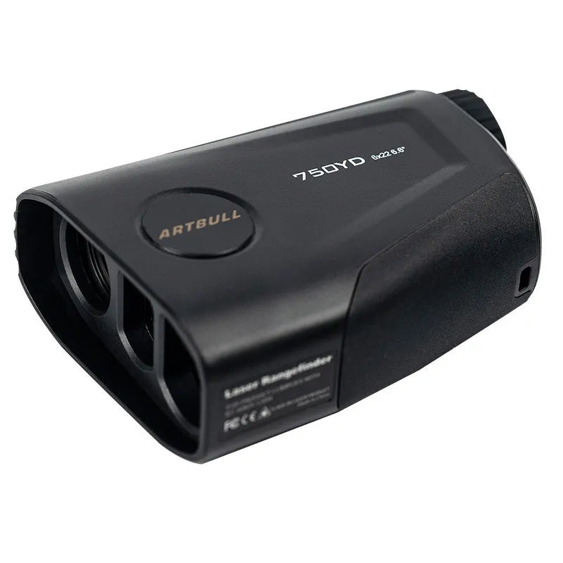Golf laser rangefinder with LCD display showing distance measurement, featuring USB Type-C charging port