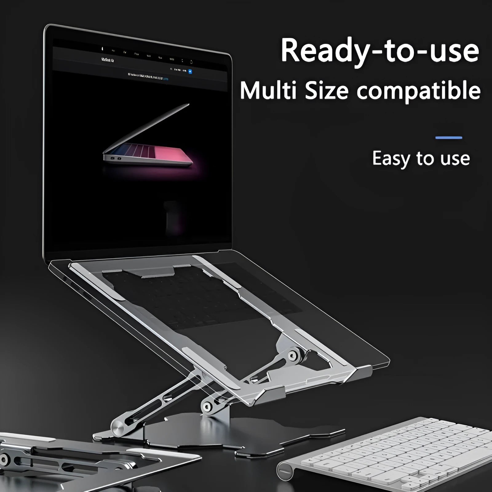 Grey aluminium laptop stand with adjustable angle and foldable design for 15-inch notebooks