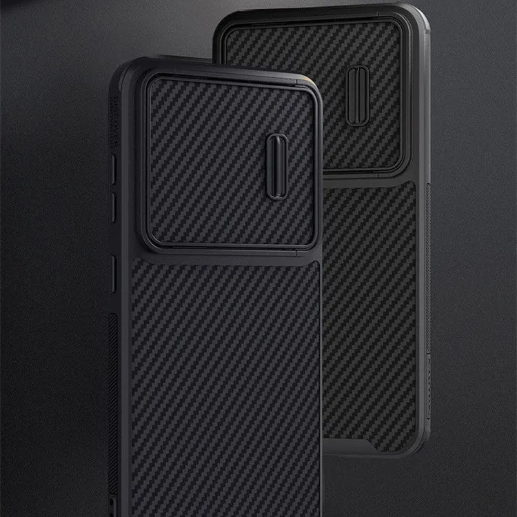 Black Samsung S23 Ultra phone case with a flip-up camera lens cover, showing TPU and carbon fibre materials.