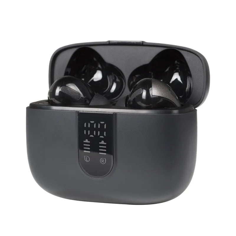 Jerry X08 black wireless in-ear headphones with digital display charging case.