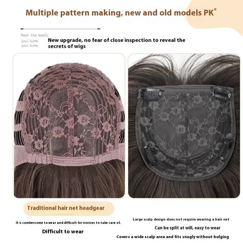 Women's black long straight full-head wig with high-layered styling on display