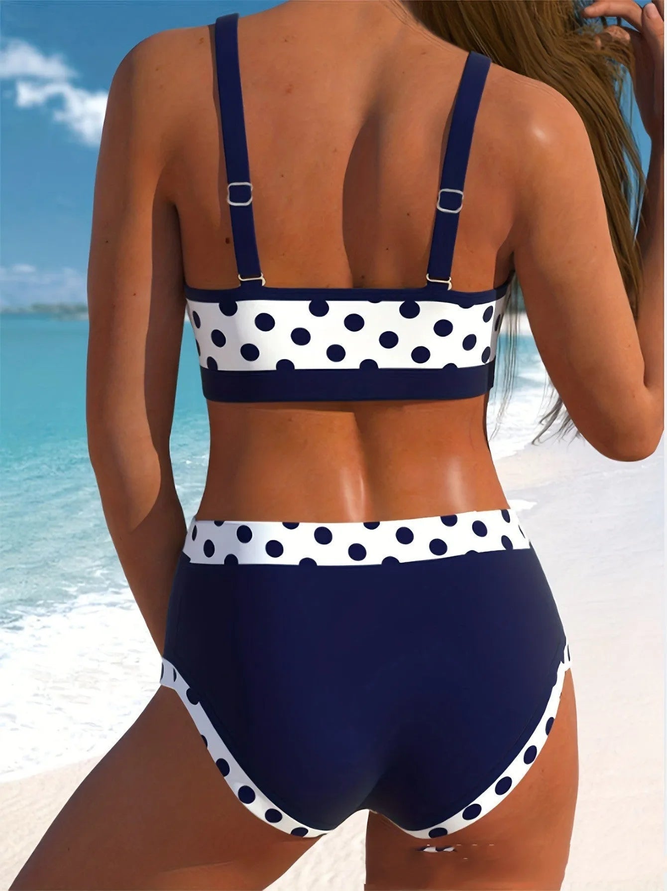 Women's conservative swimsuit bikini set with boxer brief bottoms and multicolour dot pattern