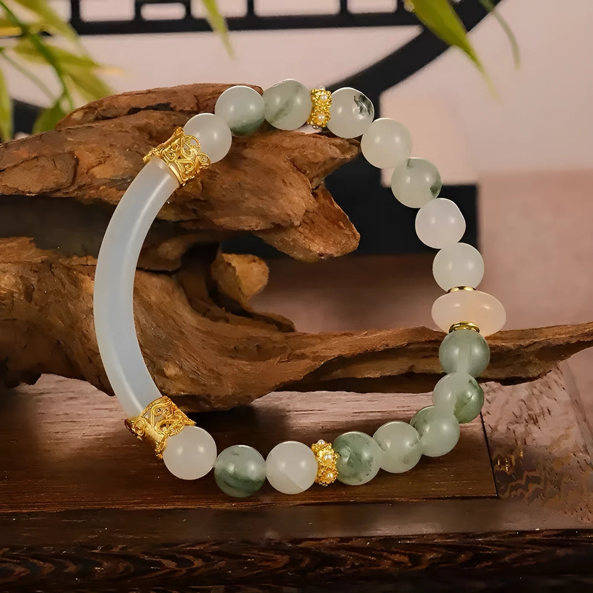 Emerald green Tian Shan Cui stone women's half bracelet with floating flower girl ethnic design