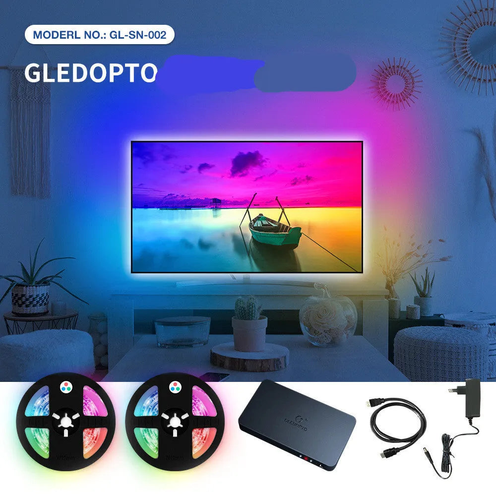 HDMI SYNC RGB light strip controller display measuring 160x90mm with included junction box for media synchronised lighting