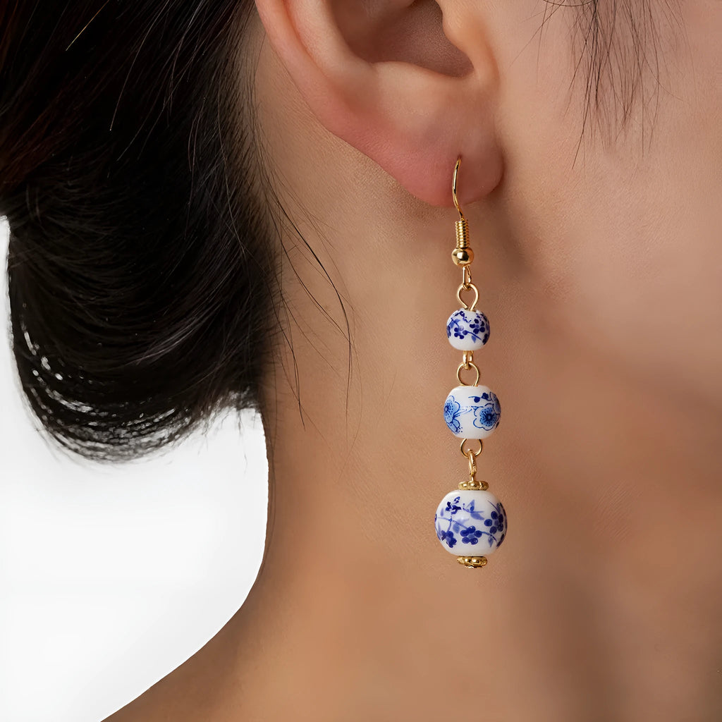Blue and white porcelain ceramic bead long earrings with geometric alloy elements