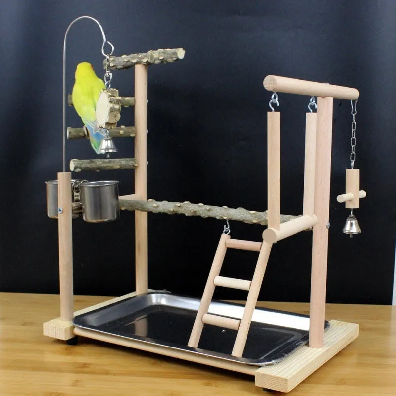 Parrot toy stand with bird swing and perch made from natural pepper wood