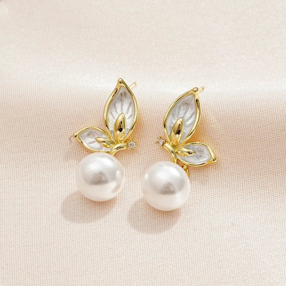 Zircon butterfly earrings with oil painting designs on electroplated copper