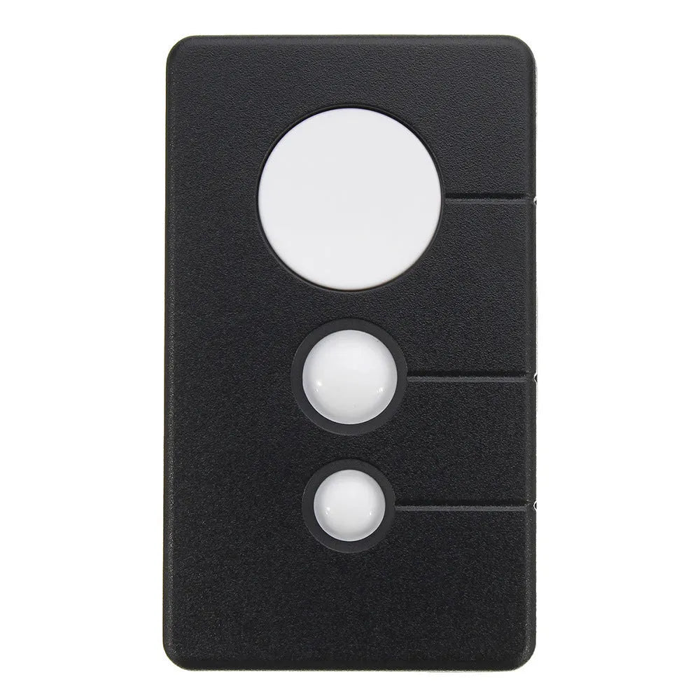 Black three-button garage door remote control with 390MHz rolling code, shown front view.