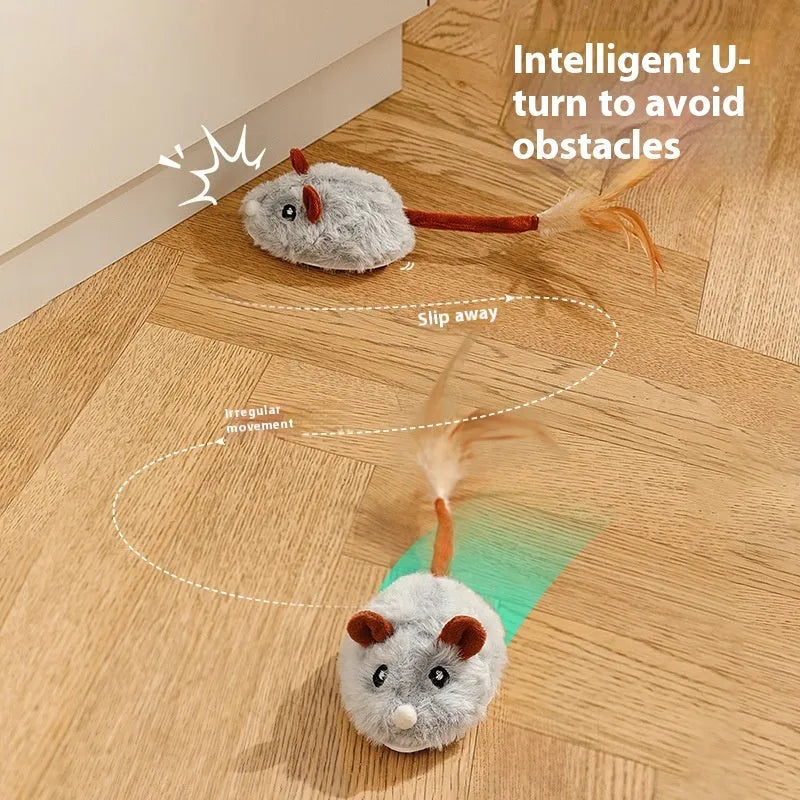 Electric cat toy with plush mouse on pole, available in pink, purple or dark grey