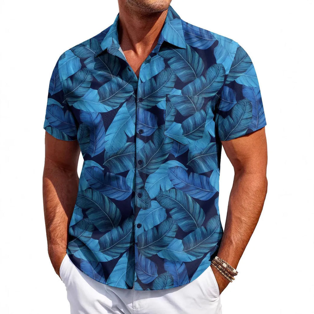 Men's slim fit Hawaiian short sleeve shirt in elastic polyester fabric showing colour options and cardigan style
