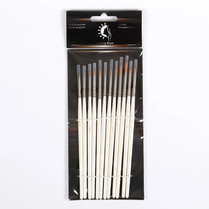 Set of 12 fluorescent pearl white nylon wool hook art brushes in a solid wood pen holder.