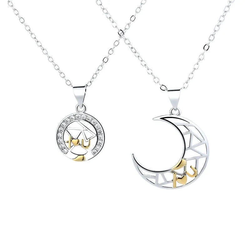 Sun moon copper couple necklace with cross chain and electroplated finish