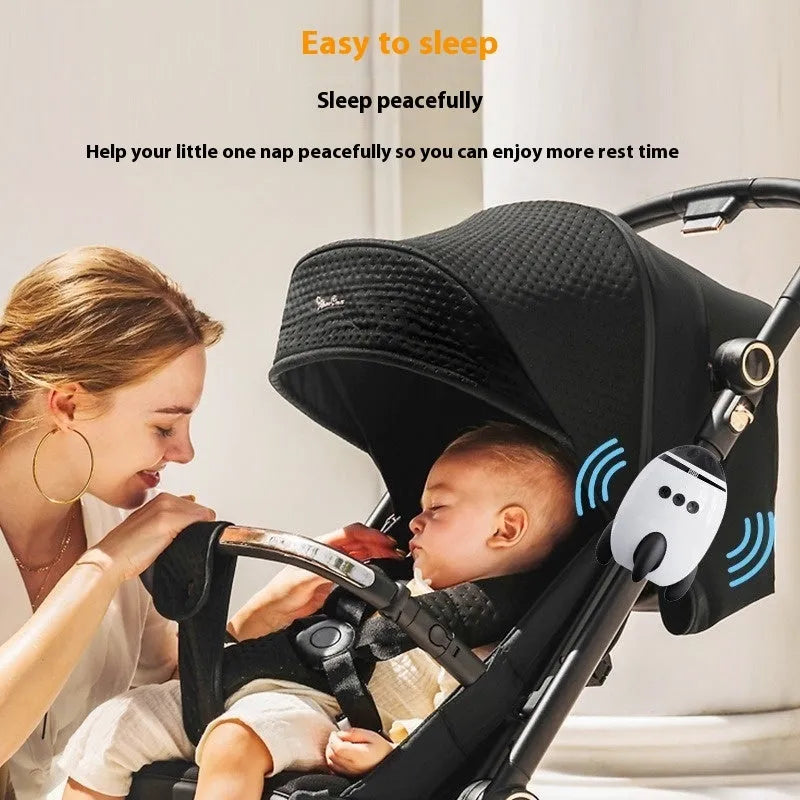 White baby sleep comforter device with automatic shaking and Bluetooth connectivity for infant strollers