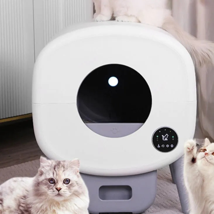 Automatic cat litter box with smart cleaning system, white ABS plastic housing