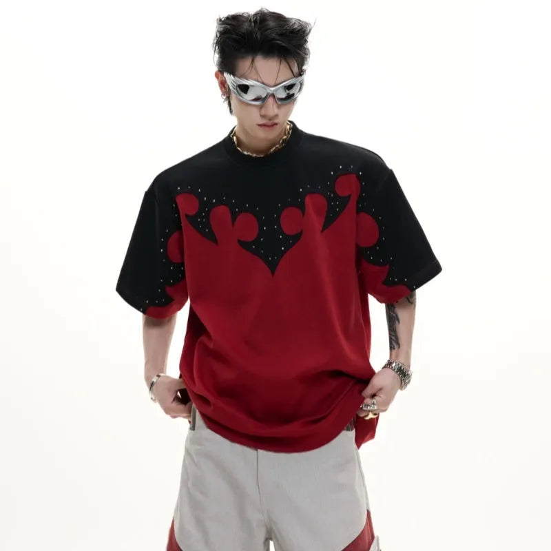 Men's cotton short sleeve shirt with burnt flower pattern featuring three-dimensional stitching embroidery and rhinestone detailing