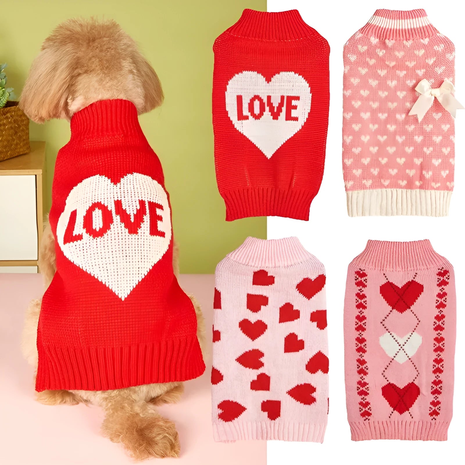 Red love heart pattern dog sweater on small canine model