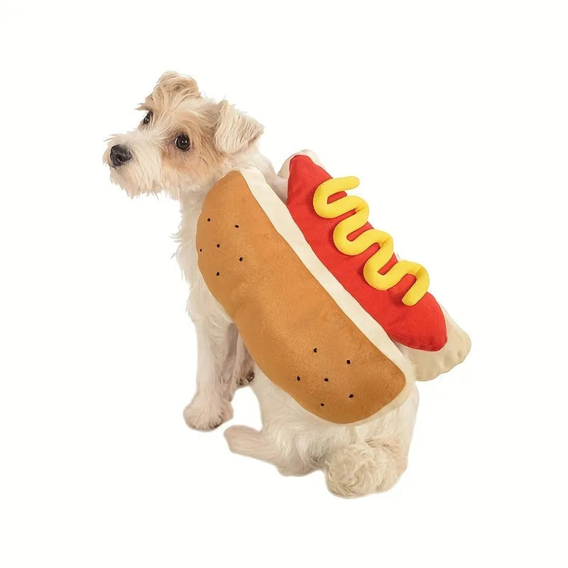 Brown and beige hot dog costume suit on a small dog for winter and parties.