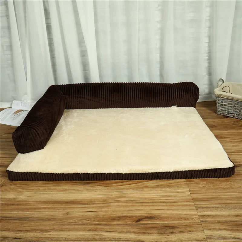 Corduroy pet dog bed with bolster sides on a non-slip base, shown in grey colour.