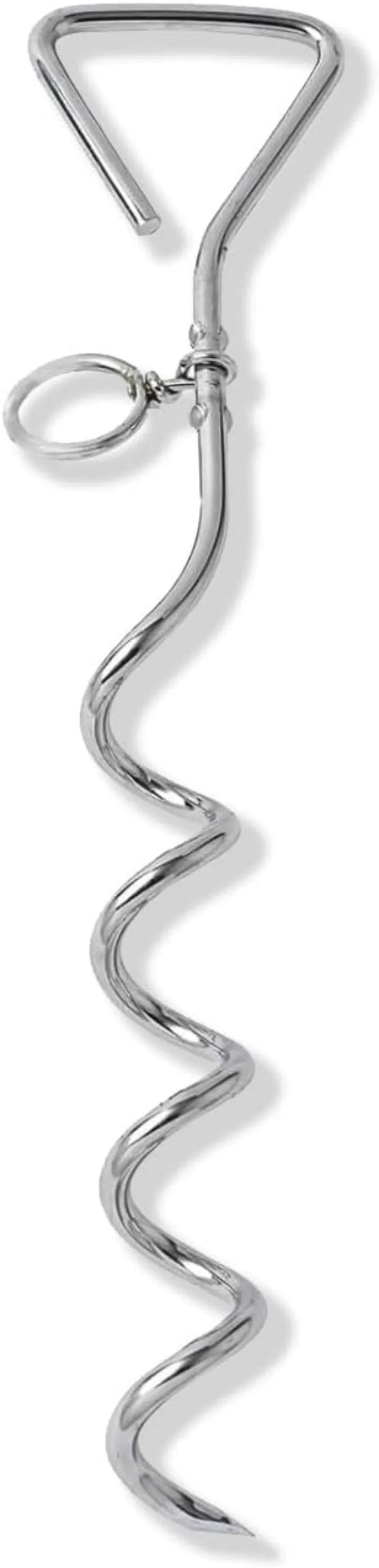Silver spiral dog tie out stake made of solid steel for secure ground anchoring