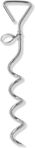 Silver spiral dog tie out stake made of solid steel for secure ground anchoring
