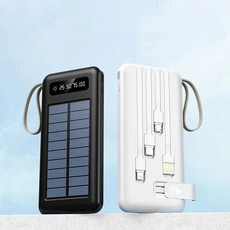 Solar power bank in black or white with integrated solar panel, showing compact 144mm x 68mm x 16mm dimensions.