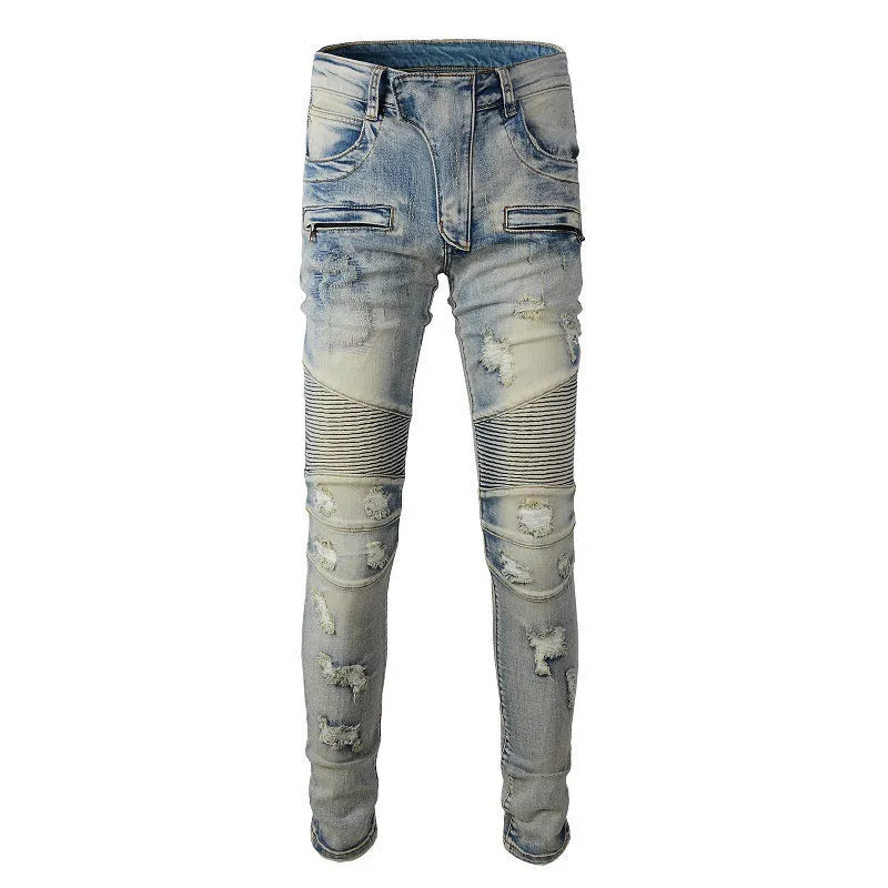 Light blue men's slim stretch jeans with hand-frayed distressing on the knees and hem.