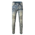 Light blue men's slim stretch jeans with hand-frayed distressing on the knees and hem.