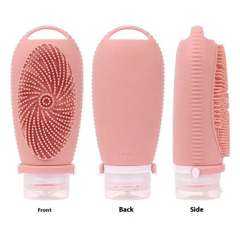 Silicone bath brush storage bottle with 100ml capacity shown in available colour options