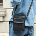 Men's brown leather crossbody shoulder bag showing sewing line details and strap