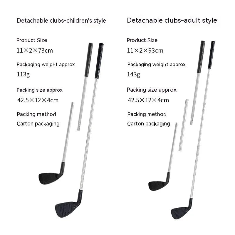 Metal golf practice club shown in children's and adult size options for outdoor sports