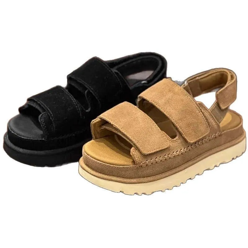 Women's maroon plus size peep toe sandals with a suede upper, platform sole, and Velcro strap.