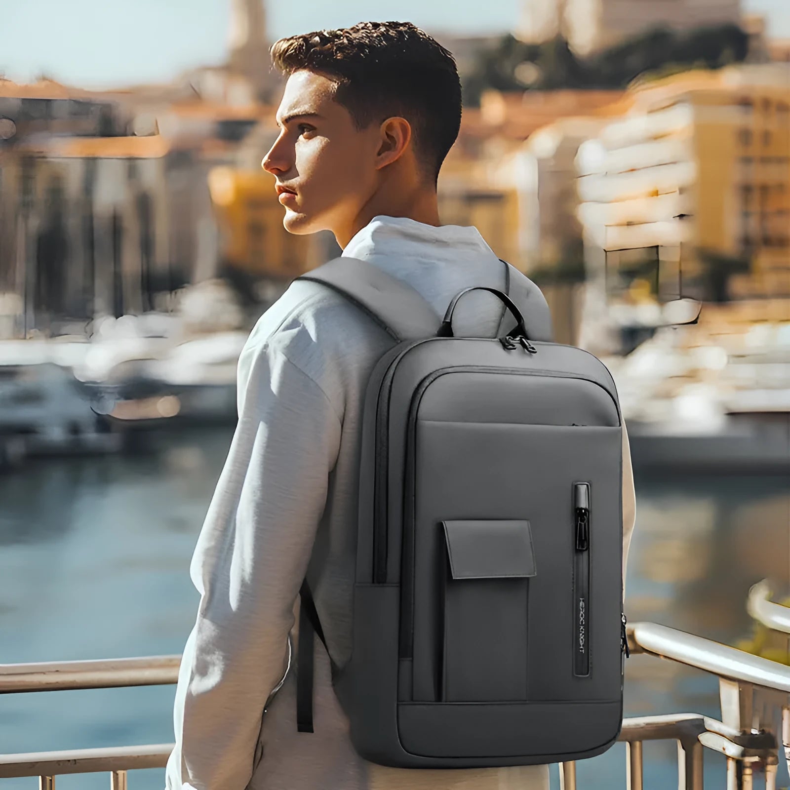 Men's slim business backpack in Oxford fabric with cross-body design