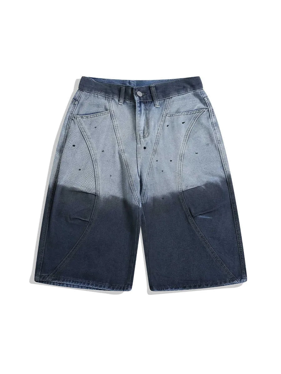 Blue tie-dye gradient cropped jeans with loose fit and washed-out appearance, mid waist casual pants