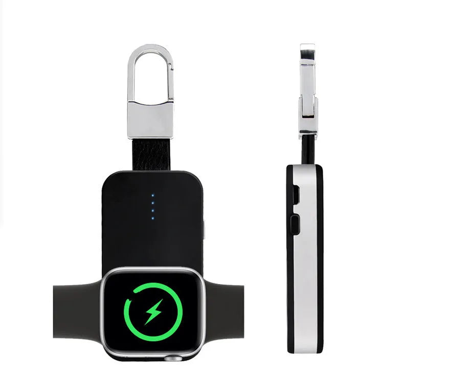 Black Apple Watch portable wireless power bank with keychain ring, shown next to an Apple Watch.