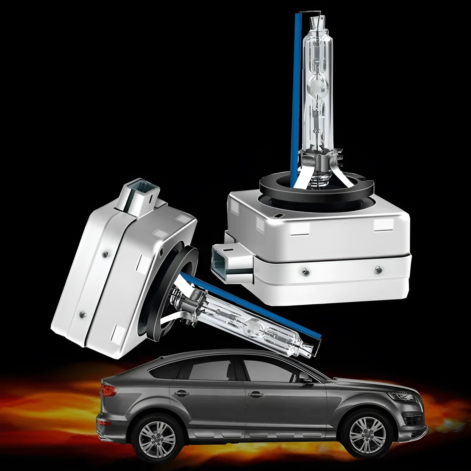 Automotive xenon lens lamp with aluminium alloy shell for D1S and D1R headlight replacements.
