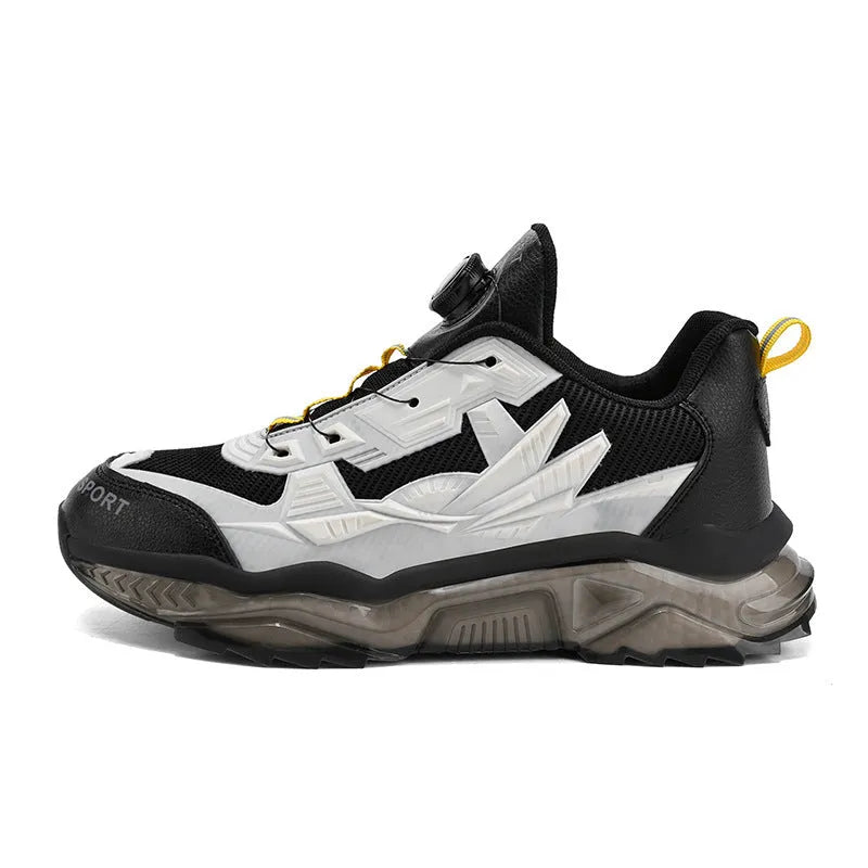 Men's black casual sneakers with rotating button closure and mesh upper on platform sole