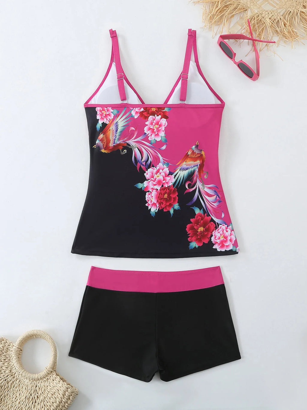 Plus size women's swimsuit with matching briefs in black or rose red print styles