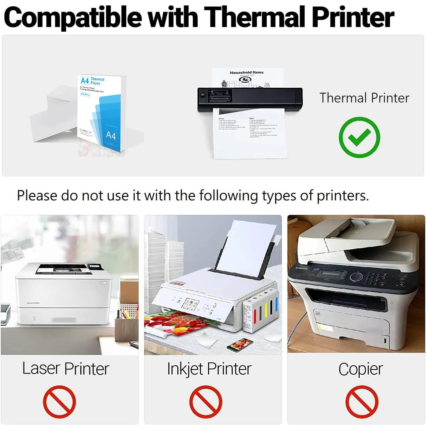 White A4 thermal paper roll for portable thermal printers, shown with 100-sheet and 200-sheet packaging options.