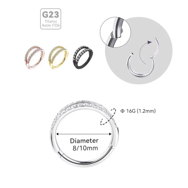 G23 titanium alloy lip and nose ring with diamond-like zircon treatment in gold or steel colour on a white background.