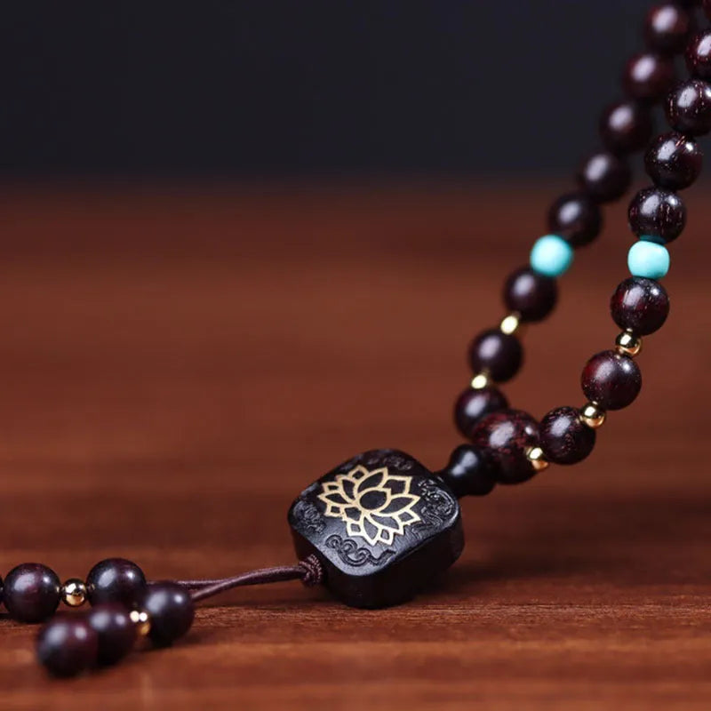 Zambia rosewood Buddha beads bracelet with flat lotus pendant, 108 wooden beads 0.6cm diameter