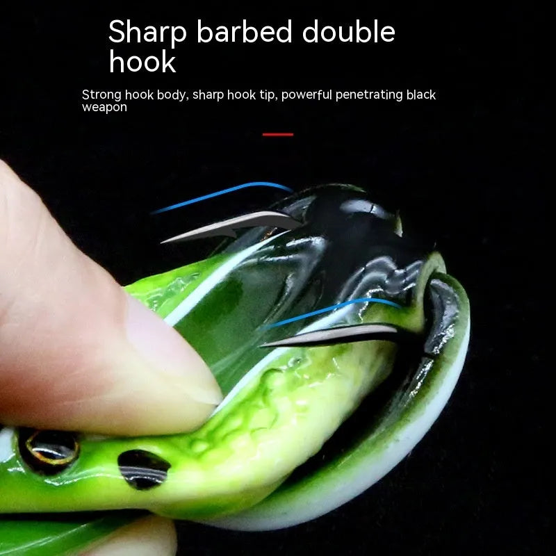 Bionic Real Thunder Frog Snake Head double hook fishing bait in grass green and black yellow dots colours