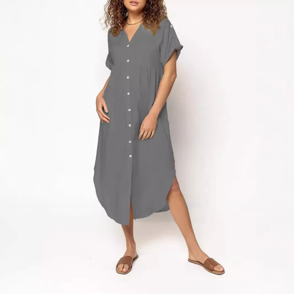 Women's loose casual button-front mid-length dress in solid colour on a hanger.