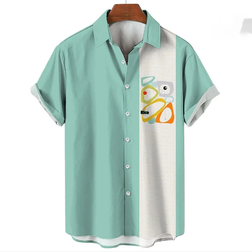 Men's striped Hawaiian casual shirt in polyester with button front and short sleeves