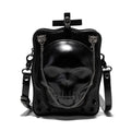 Black Halloween skull mini square messenger crossbody bag with stitching, rivets, chains, and embossing details