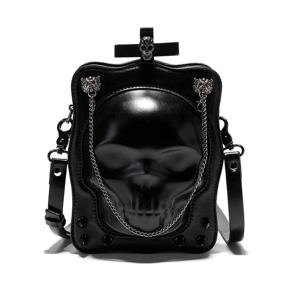Black Halloween skull mini square messenger crossbody bag with stitching, rivets, chains, and embossing details