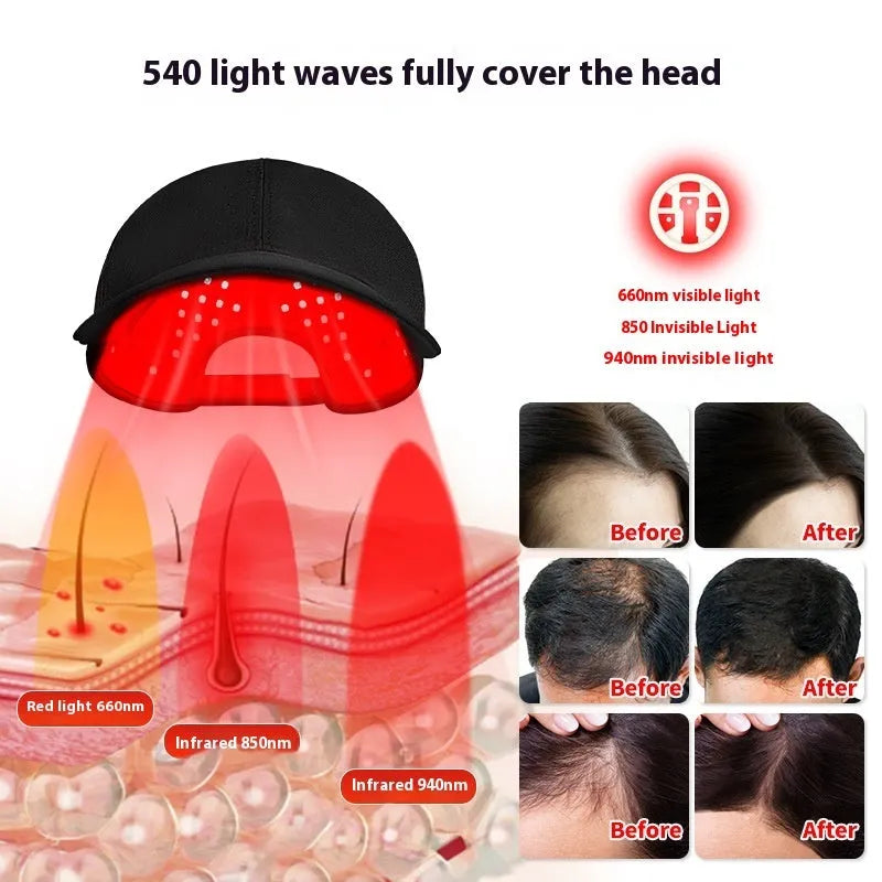 Black duckbill infrared hair growth cap with LED light strips for red light therapy treatment