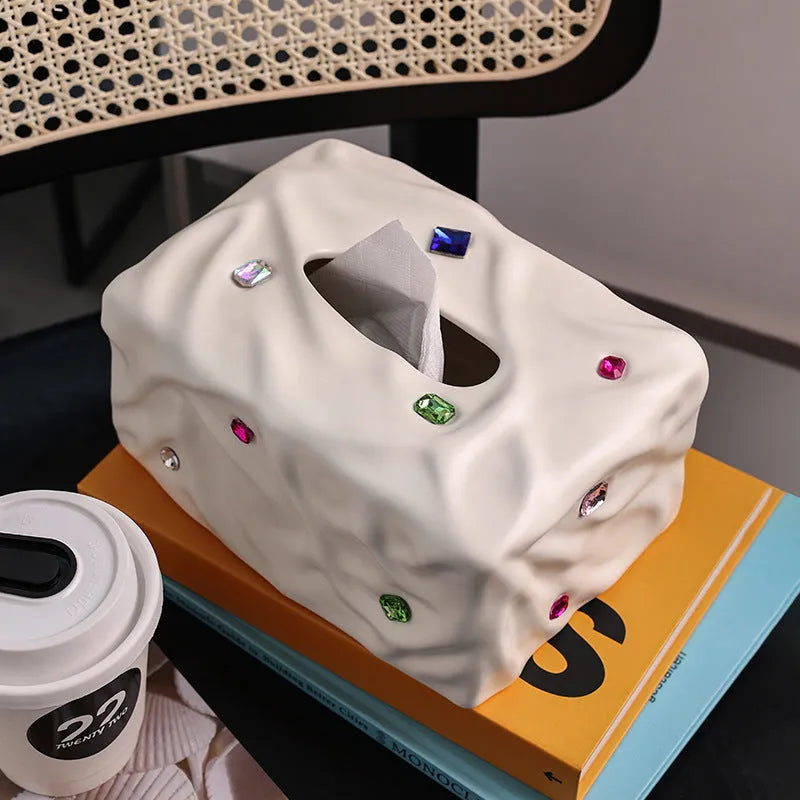Gem party design ceramic tissue box in matte coconut milk white and matte silver electroplated finishes