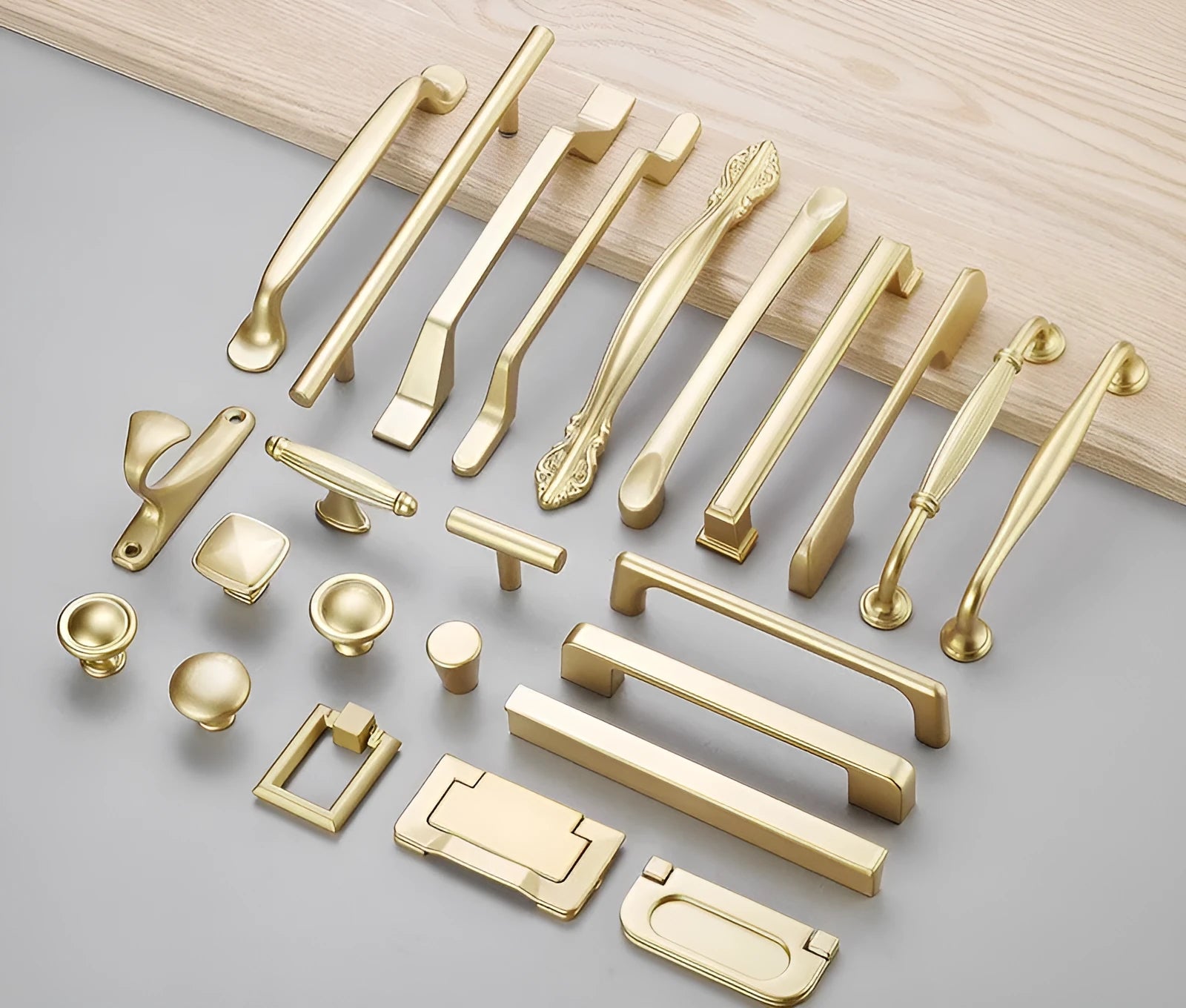 Gold T-shape single hole cabinet handle with measurement options for wardrobe and drawer installation
